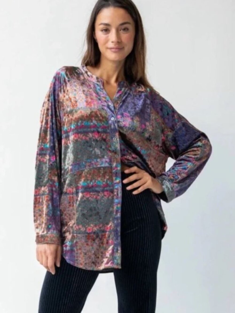 Natural Life Tunic Velvet Button Up Patchwork Multicolor Print NWT Sz M Boho